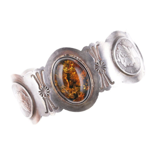 6.75" Vintage TD Southwestern Sterling cuff bracelet with 1941, 1942 liberty dim - Estate Fresh Austin