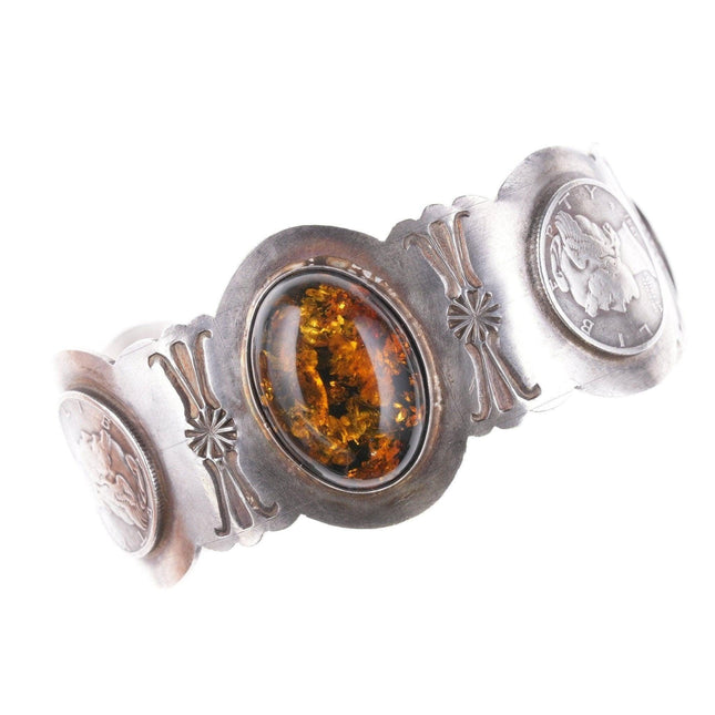 6.75" Vintage TD Southwestern Sterling cuff bracelet with 1941, 1942 liberty dim - Estate Fresh Austin