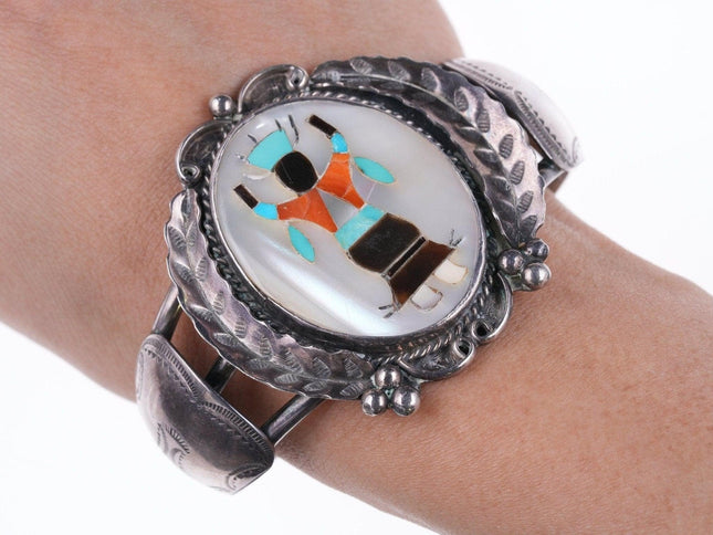 6.75" Vintage Zuni Inlaid stamped silver bracelet - Estate Fresh Austin