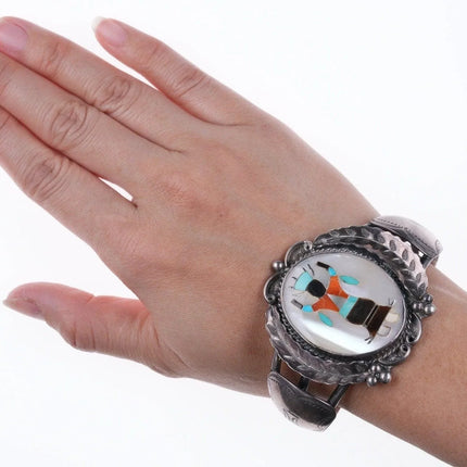 6.75" Vintage Zuni Inlaid stamped silver bracelet - Estate Fresh Austin