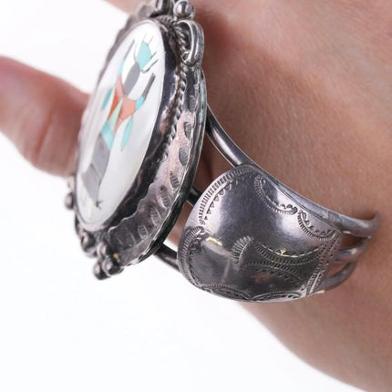 6.75" Vintage Zuni Inlaid stamped silver bracelet - Estate Fresh Austin