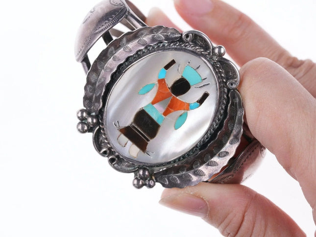 6.75" Vintage Zuni Inlaid stamped silver bracelet - Estate Fresh Austin