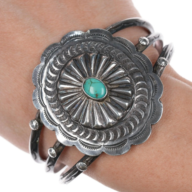 7.12" 30's-40's Navajo ingot silver concho carinated 3 band cuff bracelet - Estate Fresh Austin