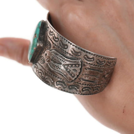 7.12" 40's-50's Navajo Curio Thunderbird Heavy stamped cuff bracelet with turquoise - Estate Fresh Austin