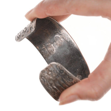 7.12" 40's-50's Navajo Curio Thunderbird Heavy stamped cuff bracelet with turquoise - Estate Fresh Austin