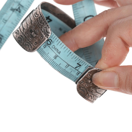 7.12" 40's-50's Navajo Curio Thunderbird Heavy stamped cuff bracelet with turquoise - Estate Fresh Austin