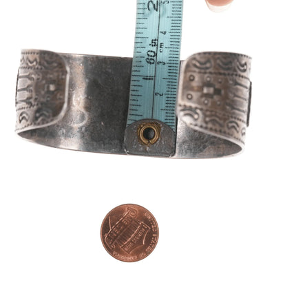 7.12" 40's-50's Navajo Curio Thunderbird Heavy stamped cuff bracelet with turquoise - Estate Fresh Austin