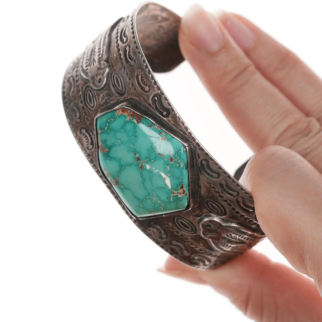 7.12" 40's-50's Navajo Curio Thunderbird Heavy stamped cuff bracelet with turquoise - Estate Fresh Austin