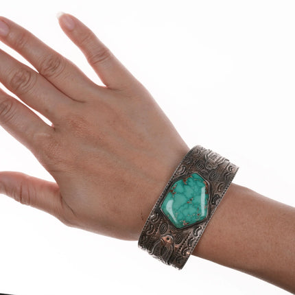 7.12" 40's-50's Navajo Curio Thunderbird Heavy stamped cuff bracelet with turquoise - Estate Fresh Austin