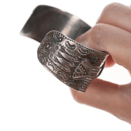 7.12" 40's-50's Navajo Curio Thunderbird Heavy stamped cuff bracelet with turquoise - Estate Fresh Austin