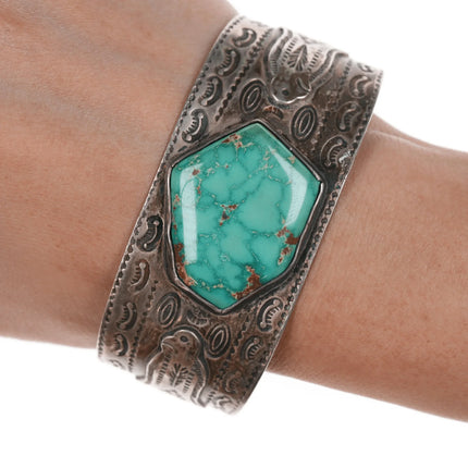 7.12" 40's-50's Navajo Curio Thunderbird Heavy stamped cuff bracelet with turquoise - Estate Fresh Austin