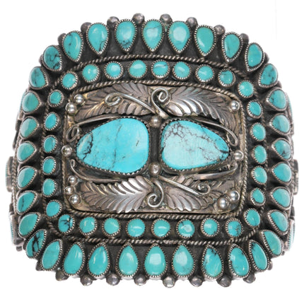 7 1/8" 50's - 60's MB Zuni turquoise cluster large sterling cuff bracelet - Estate Fresh Austin