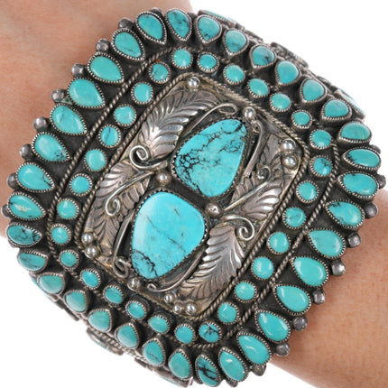 7 1/8" 50's - 60's MB Zuni turquoise cluster large sterling cuff bracelet - Estate Fresh Austin