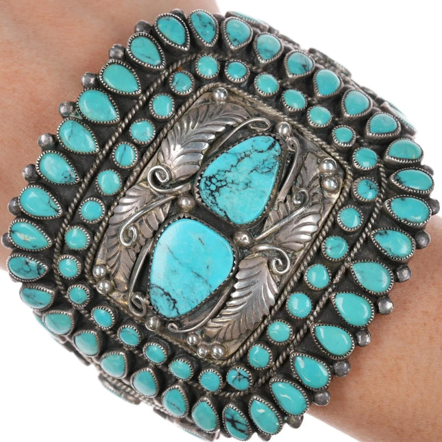 7.12" 50's-60's MB Zuni turquoise cluster large sterling cuff bracelet - Estate Fresh Austin