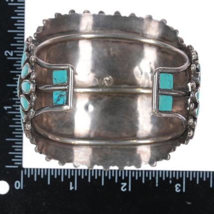 7 1/8" 50's - 60's MB Zuni turquoise cluster large sterling cuff bracelet - Estate Fresh Austin