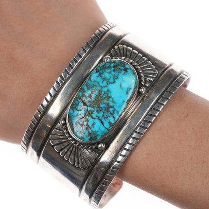 7.12" c1940's Navajo Chiseled silver cuff bracelet with turquoise - Estate Fresh Austin