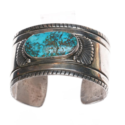 7.12" c1940's Navajo Chiseled silver cuff bracelet with turquoise - Estate Fresh Austin