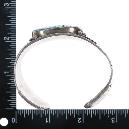 7.12" c1940's Navajo Chiseled silver cuff bracelet with turquoise - Estate Fresh Austin