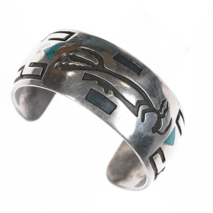 7.12" c1950's Navajo silver overlay style cuff bracelet with turquoise inlay - Estate Fresh Austin