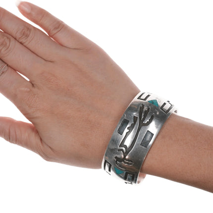 7.12" c1950's Navajo silver overlay style cuff bracelet with turquoise inlay - Estate Fresh Austin