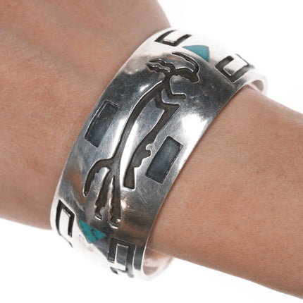 7.12" c1950's Navajo silver overlay style cuff bracelet with turquoise inlay - Estate Fresh Austin