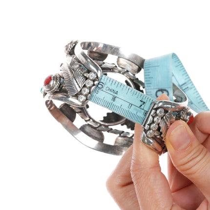 7.12" c1970's MK Native American sterling turquoise, and coral watch cuff bracelet - Estate Fresh Austin