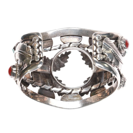 7.12" c1970's MK Native American sterling turquoise, and coral watch cuff bracelet - Estate Fresh Austin