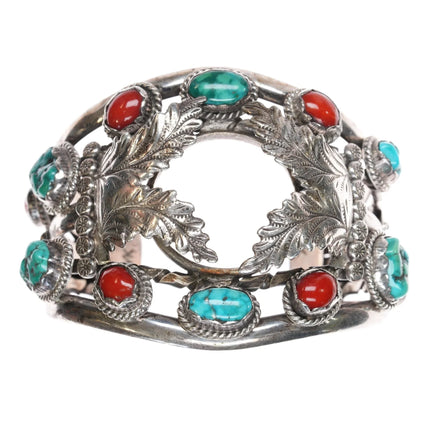 7.12" c1970's MK Native American sterling turquoise, and coral watch cuff bracelet - Estate Fresh Austin