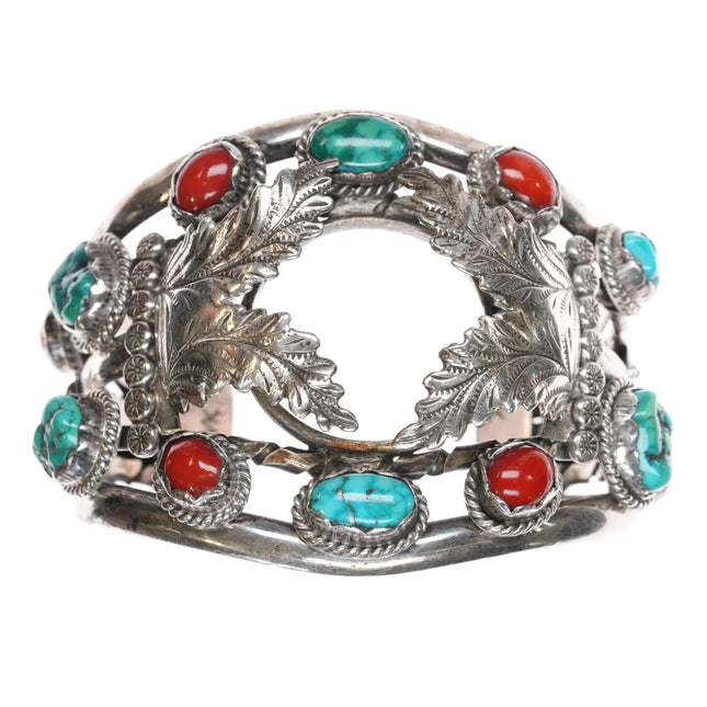 7.12" c1970's MK Native American sterling turquoise, and coral watch cuff bracelet - Estate Fresh Austin