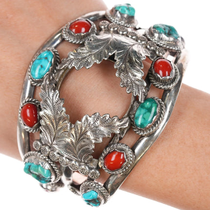 7.12" c1970's MK Native American sterling turquoise, and coral watch cuff bracelet - Estate Fresh Austin