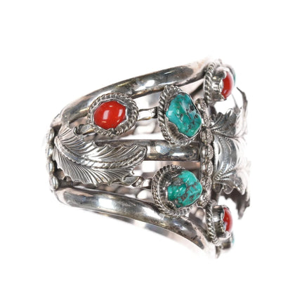 7.12" c1970's MK Native American sterling turquoise, and coral watch cuff bracelet - Estate Fresh Austin