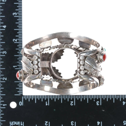 7.12" c1970's MK Native American sterling turquoise, and coral watch cuff bracelet - Estate Fresh Austin