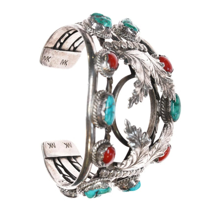 7.12" c1970's MK Native American sterling turquoise, and coral watch cuff bracelet - Estate Fresh Austin