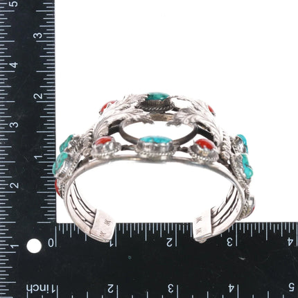 7.12" c1970's MK Native American sterling turquoise, and coral watch cuff bracelet - Estate Fresh Austin