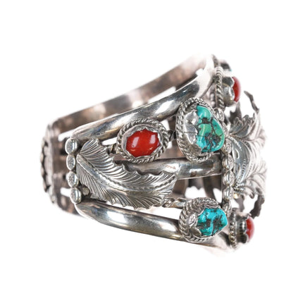 7.12" c1970's MK Native American sterling turquoise, and coral watch cuff bracelet - Estate Fresh Austin