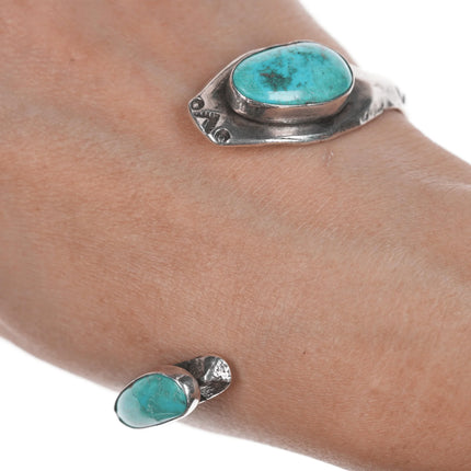 7.12" Chief Wolf Robe Hunt (1905-1977) Acoma Ingot silver and turquoise Snake cuff bracelet - Estate Fresh Austin