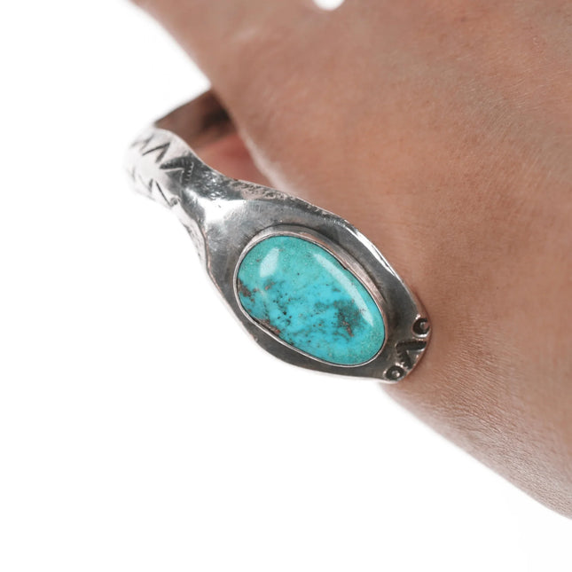 7.12" Chief Wolf Robe Hunt (1905-1977) Acoma Ingot silver and turquoise Snake cuff bracelet - Estate Fresh Austin