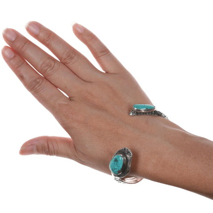 7.12" Chief Wolf Robe Hunt (1905-1977) Acoma Ingot silver and turquoise Snake cuff bracelet - Estate Fresh Austin