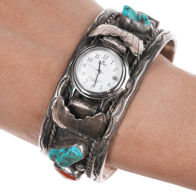 7 1/8" David Garcia Santo Domingo silver, turquoise, and coral watch cuff bracelet - Estate Fresh Austin