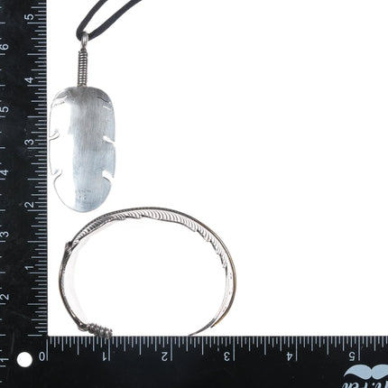 7.12" Douglas Etsitty Navajo sterling feather cuff bracelet and pendant - Estate Fresh Austin