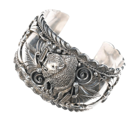 7.12" Heavy Jerry Bahe Navajo sterling buffalo cuff bracelet - Estate Fresh Austin
