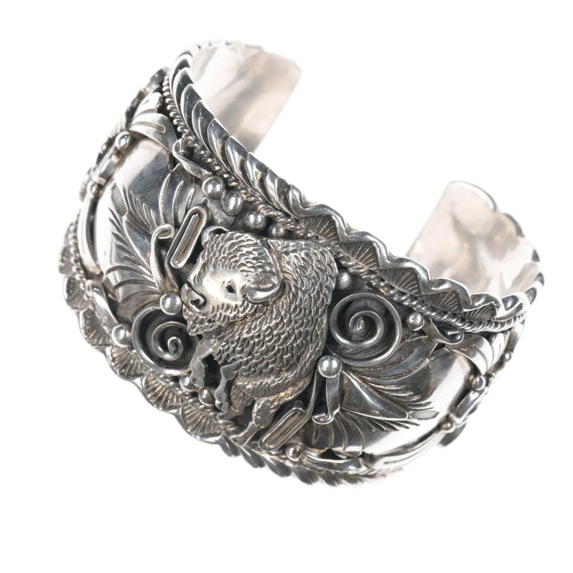 7.12" Heavy Jerry Bahe Navajo sterling buffalo cuff bracelet - Estate Fresh Austin
