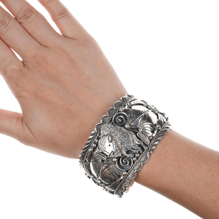 7.12" Heavy Jerry Bahe Navajo sterling buffalo cuff bracelet - Estate Fresh Austin