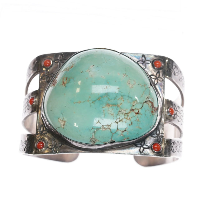 7.12" Large vintage Native American sterling, turquoise, coral cuff bracelet - Estate Fresh Austin