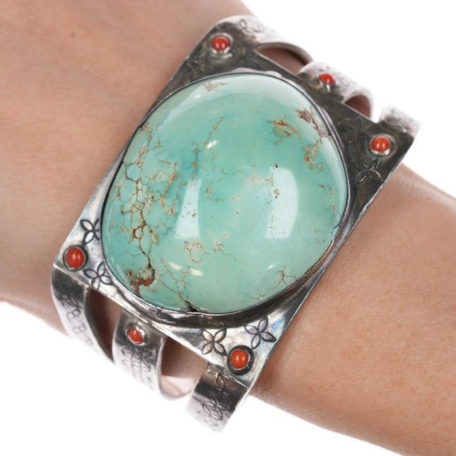7.12" Large vintage Native American sterling, turquoise, coral cuff bracelet - Estate Fresh Austin