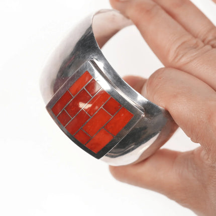 7.12" Ray Tracey Knifewing Coral inlay sterling cuff bracelet - Estate Fresh Austin