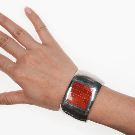 7.12" Ray Tracey Knifewing Coral inlay sterling cuff bracelet - Estate Fresh Austin