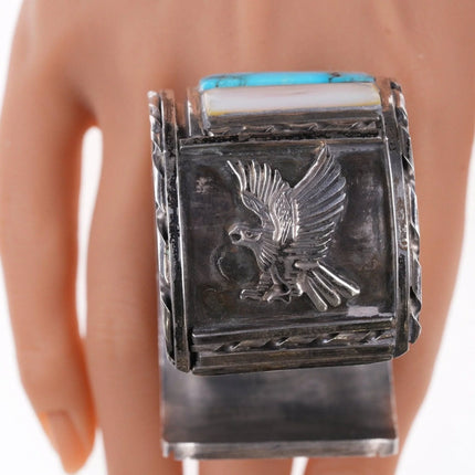 7.12" Vintage Nelson Lee Zuni Large sterling channel inlay bracelet - Estate Fresh Austin