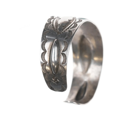 7" 1930's Navajo hand stamped silver whirling logs cuff bracelet with turquoise - Estate Fresh Austin