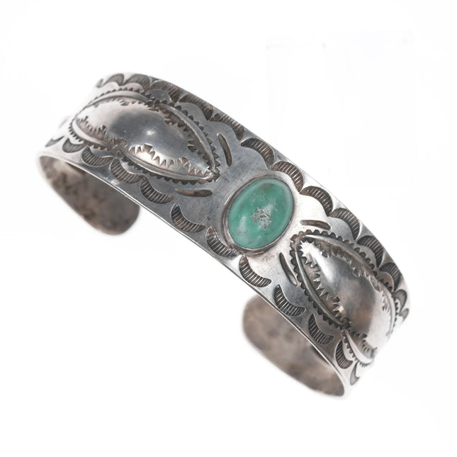 7" 1930's Navajo hand stamped silver whirling logs cuff bracelet with turquoise - Estate Fresh Austin